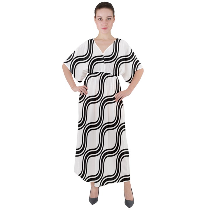 Diagonal-black White V-Neck Boho Style Maxi Dress