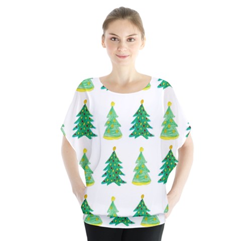 Christmas Trees Watercolor Decoration Batwing Chiffon Blouse by artworkshop