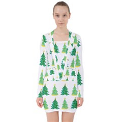 Christmas Trees Watercolor Decoration V-neck Bodycon Long Sleeve Dress by artworkshop