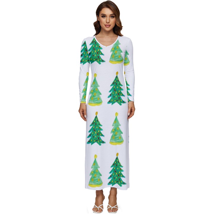 Christmas Trees Watercolor Decoration Long Sleeve Velour Longline Maxi Dress