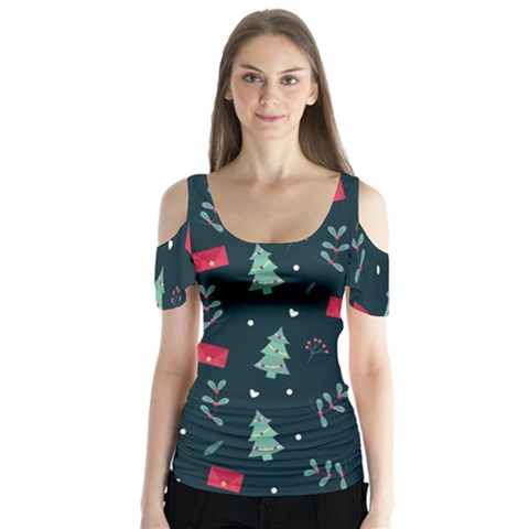 Christmas Pattern Design Butterfly Sleeve Cutout Tee  by artworkshop