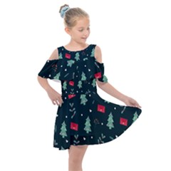 Christmas Pattern Design Kids  Shoulder Cutout Chiffon Dress by artworkshop