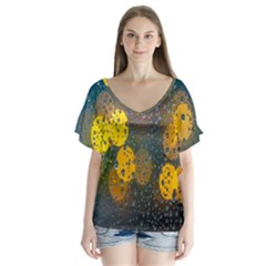 Bokeh Raindrops Window  V-neck Flutter Sleeve Top by artworkshop