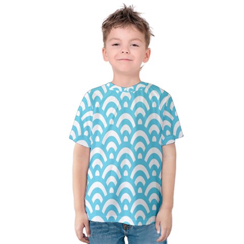  Waves Ocean Blue Texture Kids  Cotton Tee by artworkshop