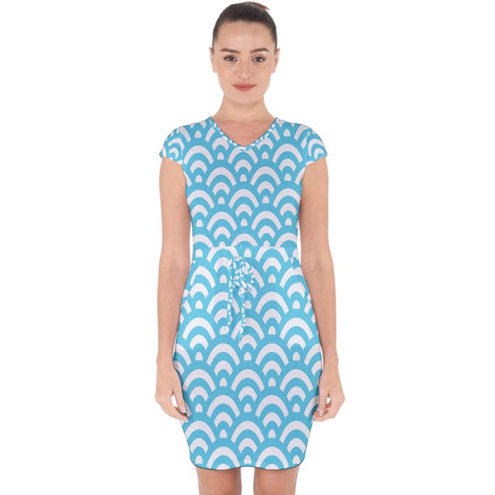  Waves Ocean Blue Texture Capsleeve Drawstring Dress 