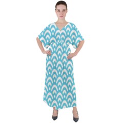  Waves Ocean Blue Texture V-neck Boho Style Maxi Dress by artworkshop