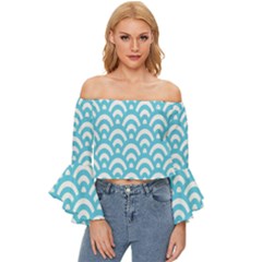  Waves Ocean Blue Texture Off Shoulder Flutter Bell Sleeve Top by artworkshop