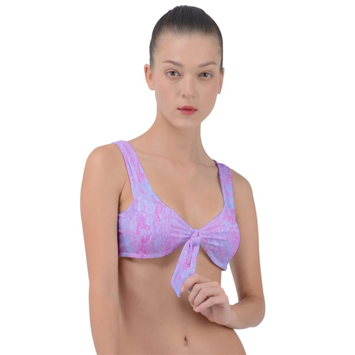  Texture Pink Light Blue Front Tie Bikini Top