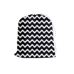 Wave-black White Drawstring Pouch (large) by nateshop