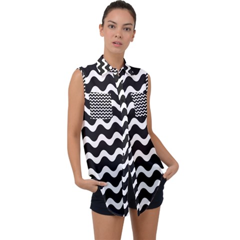 Wave-black White Sleeveless Chiffon Button Shirt by nateshop