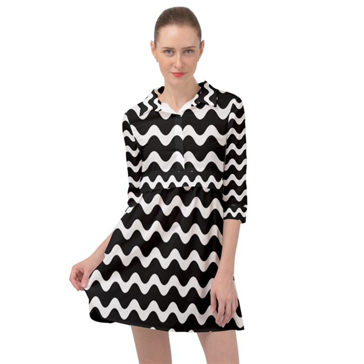 Wave-black White Mini Skater Shirt Dress