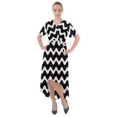 Wave-black White Front Wrap High Low Dress