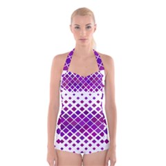 Pattern-box Purple White Boyleg Halter Swimsuit  by nateshop