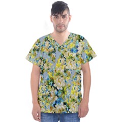 Background-flower White Men s V-neck Scrub Top