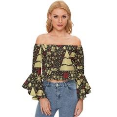 Holidays-christmas Off Shoulder Flutter Bell Sleeve Top by nateshop