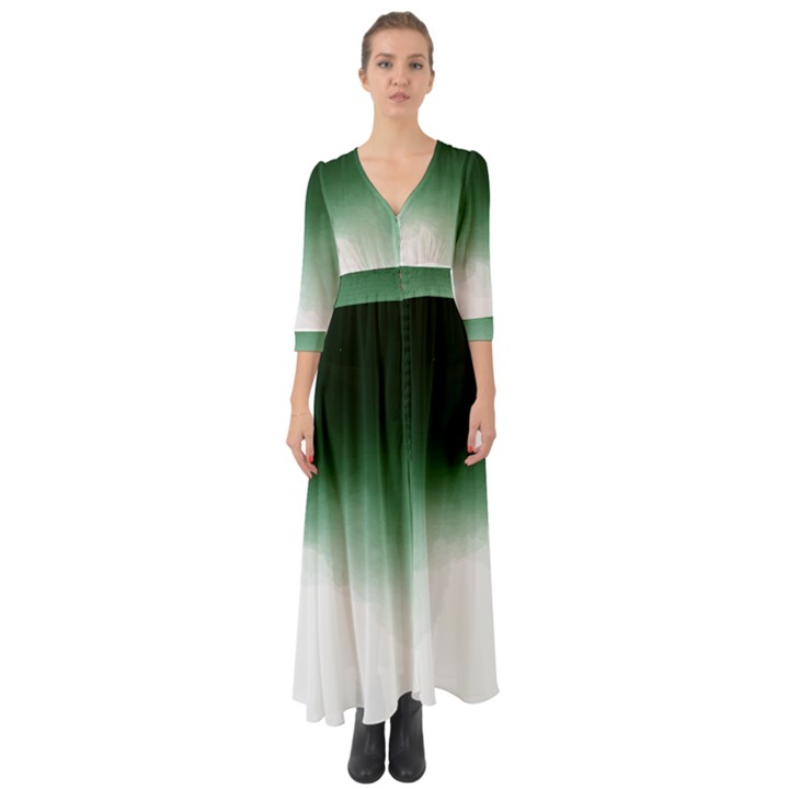 Watercolor-green White Button Up Boho Maxi Dress