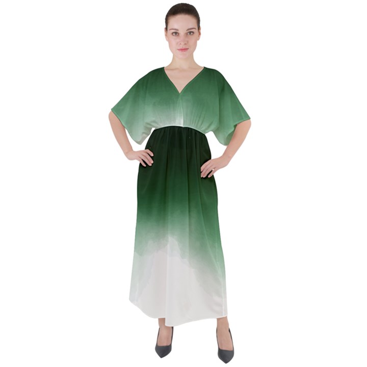 Watercolor-green White V-Neck Boho Style Maxi Dress