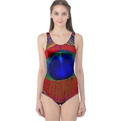 Red Peacock Plumage Fearher Bird Pattern One Piece Swimsuit by Wegoenart