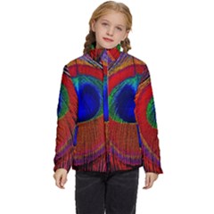 Red Peacock Plumage Fearher Bird Pattern Kids  Puffer Bubble Jacket Coat by Wegoenart