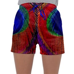 Red Peacock Plumage Fearher Bird Pattern Sleepwear Shorts by Wegoenart