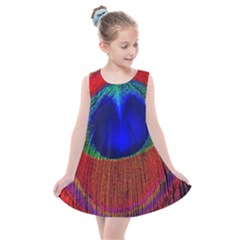 Red Peacock Plumage Fearher Bird Pattern Kids  Summer Dress by Wegoenart