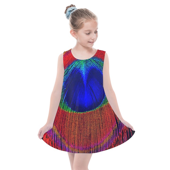 Red Peacock Plumage Fearher Bird Pattern Kids  Summer Dress