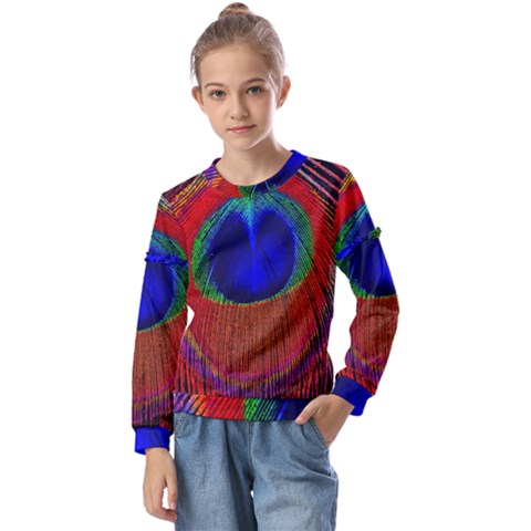 Red Peacock Plumage Fearher Bird Pattern Kids  Long Sleeve Tee With Frill  by Wegoenart