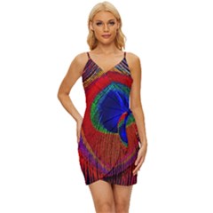 Red Peacock Plumage Fearher Bird Pattern Wrap Tie Front Dress