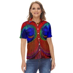 Red Peacock Plumage Fearher Bird Pattern Women s Short Sleeve Double Pocket Shirt