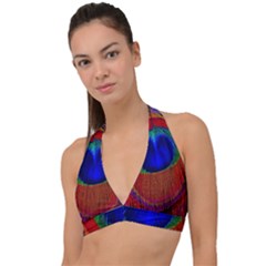 Red Peacock Plumage Fearher Bird Pattern Halter Plunge Bikini Top by Wegoenart