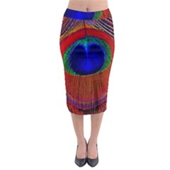 Red Peacock Plumage Fearher Bird Pattern Midi Pencil Skirt by Wegoenart