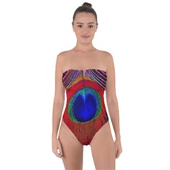 Red Peacock Plumage Fearher Bird Pattern Tie Back One Piece Swimsuit by Wegoenart