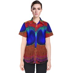 Red Peacock Plumage Fearher Bird Pattern Women s Short Sleeve Shirt