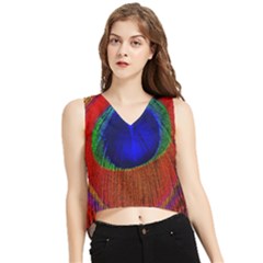 Red Peacock Plumage Fearher Bird Pattern V-neck Cropped Tank Top by Wegoenart