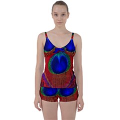 Red Peacock Plumage Fearher Bird Pattern Tie Front Two Piece Tankini by Wegoenart