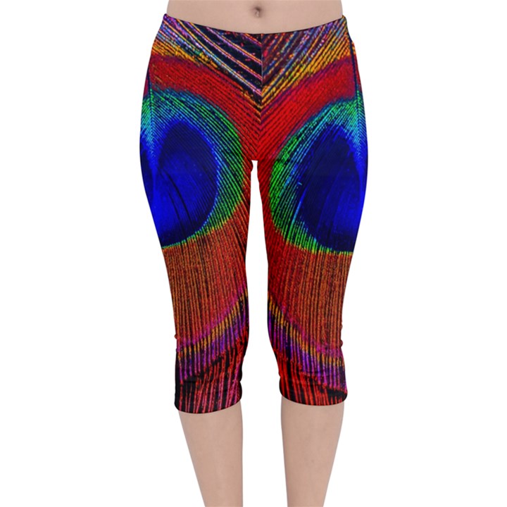 Red Peacock Plumage Fearher Bird Pattern Velvet Capri Leggings 