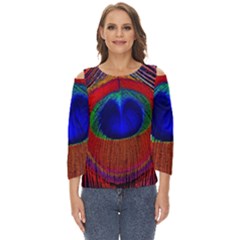 Red Peacock Plumage Fearher Bird Pattern Cut Out Wide Sleeve Top