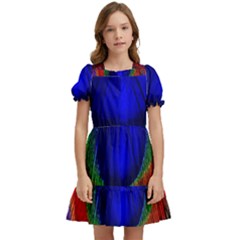 Red Peacock Plumage Fearher Bird Pattern Kids  Puff Sleeved Dress