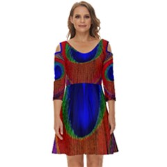 Red Peacock Plumage Fearher Bird Pattern Shoulder Cut Out Zip Up Dress