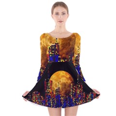 Skyline Frankfurt Abstract Moon Long Sleeve Velvet Skater Dress