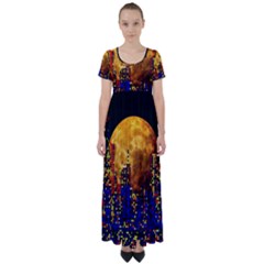 Skyline Frankfurt Abstract Moon High Waist Short Sleeve Maxi Dress