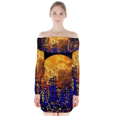 Skyline Frankfurt Abstract Moon Long Sleeve Off Shoulder Dress