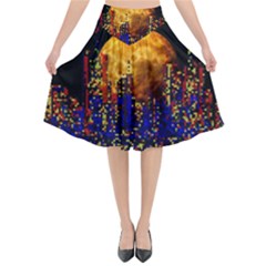 Skyline Frankfurt Abstract Moon Flared Midi Skirt by Jancukart