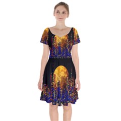 Skyline Frankfurt Abstract Moon Short Sleeve Bardot Dress