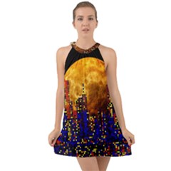 Skyline Frankfurt Abstract Moon Halter Tie Back Chiffon Dress