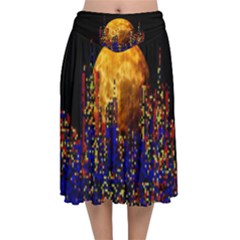 Skyline Frankfurt Abstract Moon Velvet Flared Midi Skirt by Jancukart