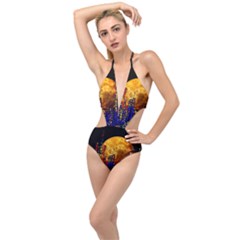 Skyline Frankfurt Abstract Moon Plunging Cut Out Swimsuit by Jancukart