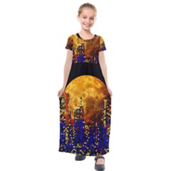 Skyline Frankfurt Abstract Moon Kids  Short Sleeve Maxi Dress