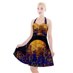 Skyline Frankfurt Abstract Moon Halter Party Swing Dress 