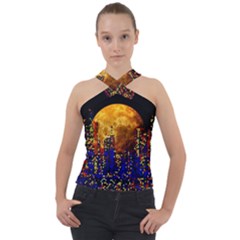 Skyline Frankfurt Abstract Moon Cross Neck Velour Top by Jancukart